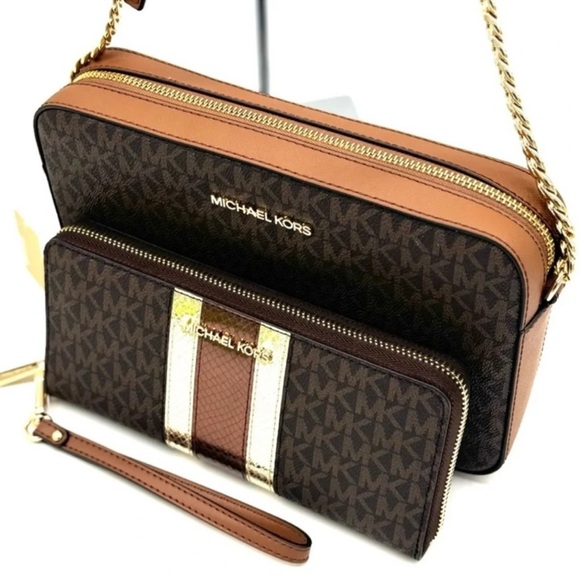 Michael Kors Large EW Zip Chain Xbody Crossbody Bag & Continental Wallet Brown - Picture 6 of 13